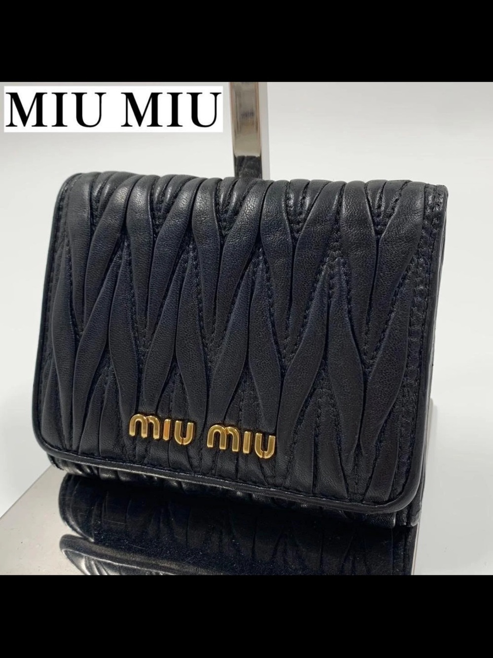 Miu Miu Black Quilted Leather Compact Wallet with Gold Logo